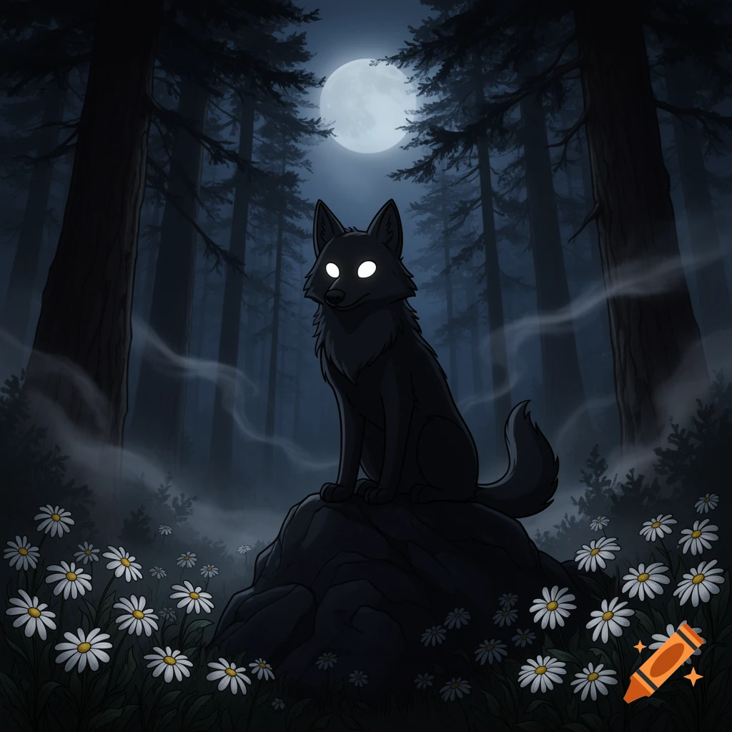 A cartoon black wolf with glowing white eyes sits on a rock in a dark, misty pine forest under a full moon, surrounded by daisies.