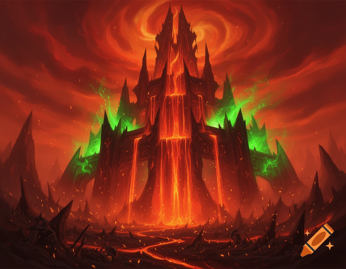 A demonic, spiky castle with lava waterfalls and green magical energy under a swirling red and orange sky, fantasy art.