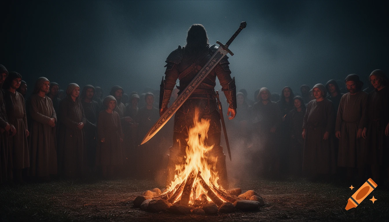 A warrior with a large sword on his back stands before a roaring campfire, surrounded by villagers in a dark, foggy fantasy scene.