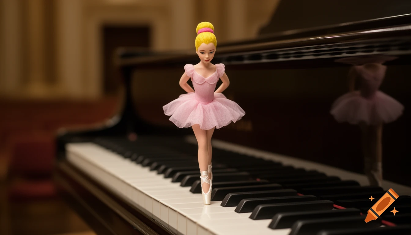 A small ballerina doll in a pink tutu and pointe shoes stands on the white keys of a grand piano.