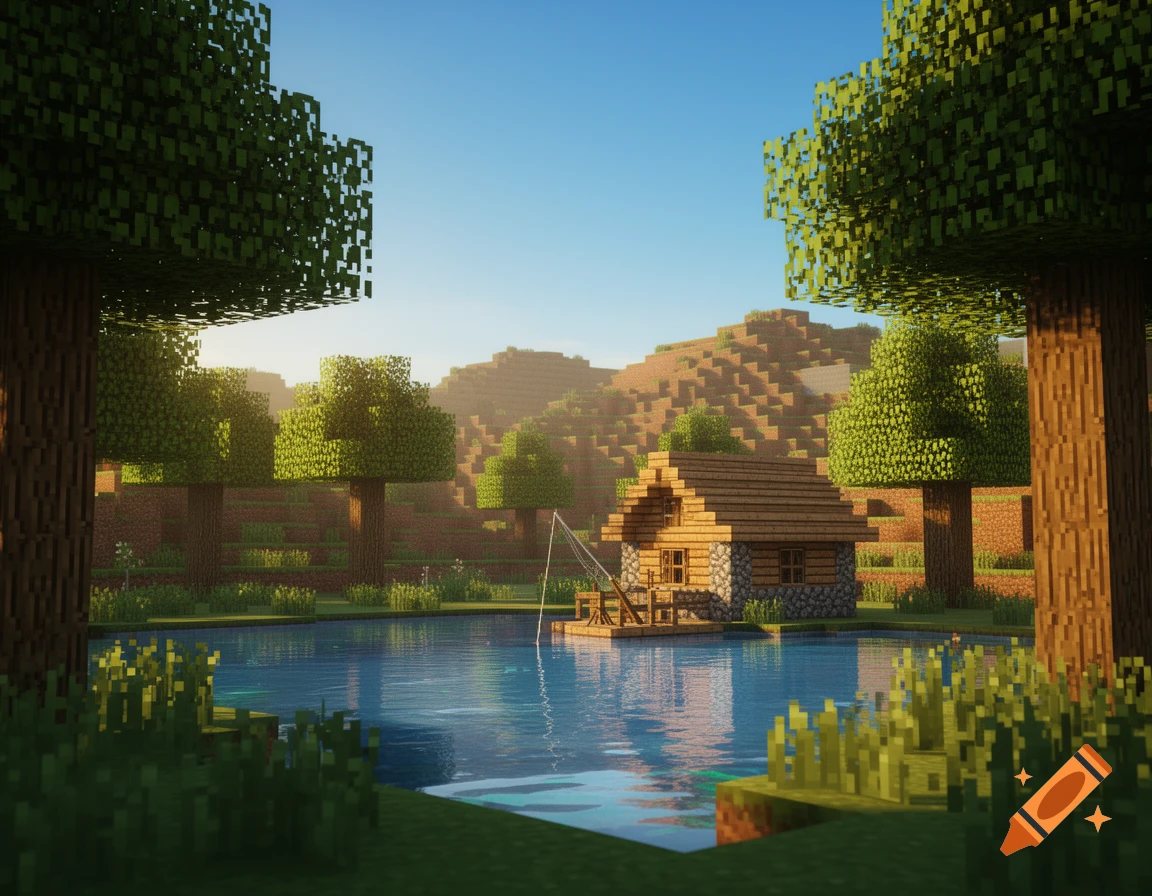 A photorealistic Minecraft-style landscape featuring a wooden fishing cabin on a lake surrounded by trees and blocky hills under a clear sky.