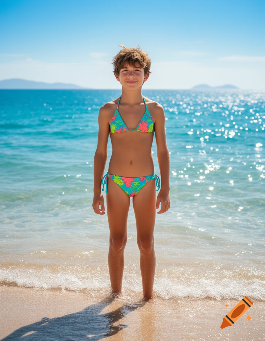 A young person in a vibrant floral bikini stands smiling on a sandy beach with blue ocean and mountains in the background.