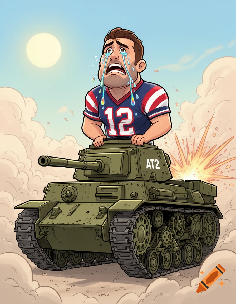 A cartoon of a crying American football player in a number 12 jersey driving a tank, with an explosion in the background.