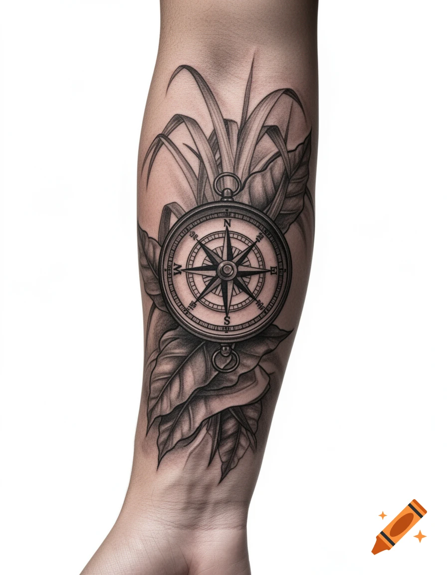 Realistic black and grey compass tattoo with tropical leaves on a forearm, against a white background.