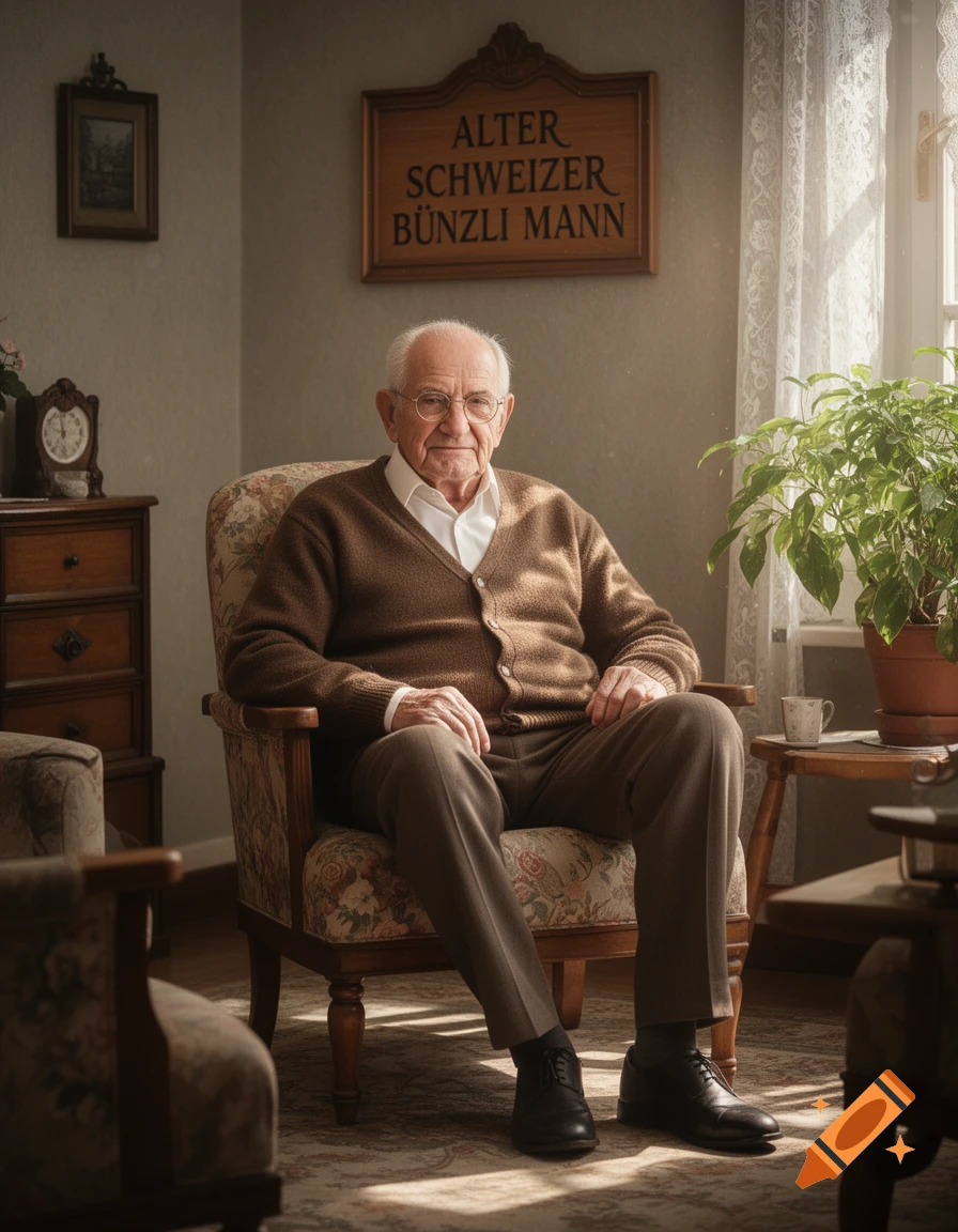 A photorealistic portrait of an elderly man with glasses, wearing a brown cardigan, sitting in an armchair in a sunlit room.