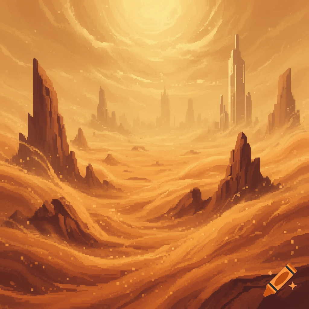 Pixel art desert landscape with towering rock formations and distant futuristic city under an orange sky.