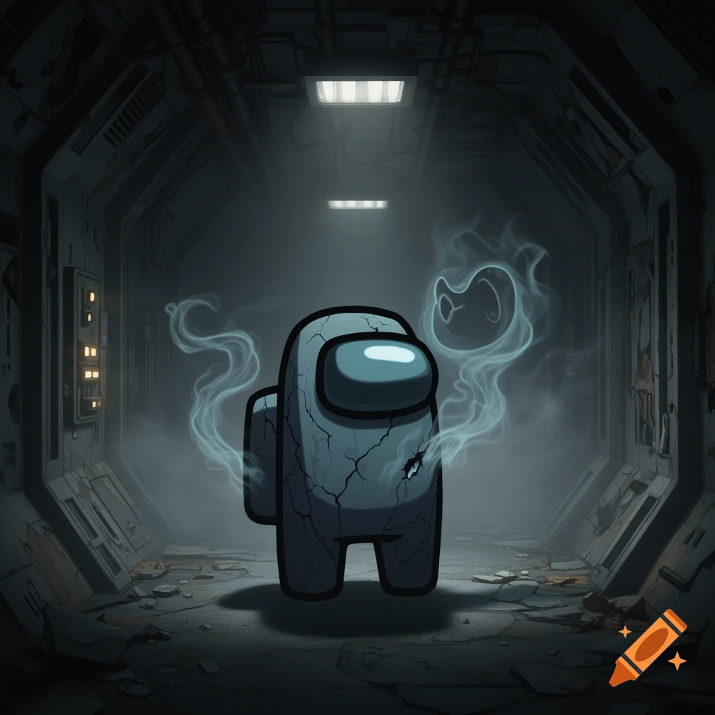 A cracked, smoking Among Us character with ghostly wisps stands in a dark, dilapidated spaceship hallway.