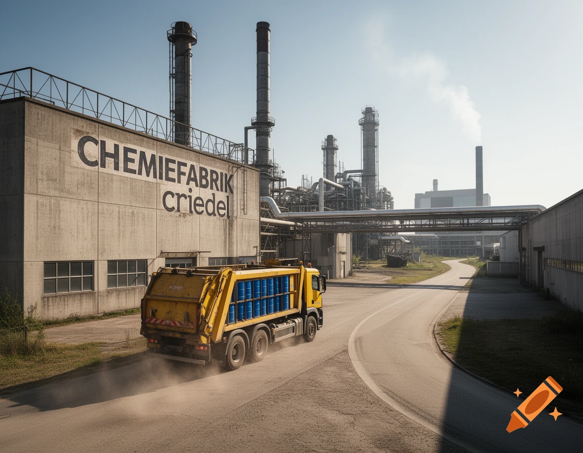 A yellow garbage truck with blue barrels drives away from a chemical factory under a clear sky, kicking up dust.