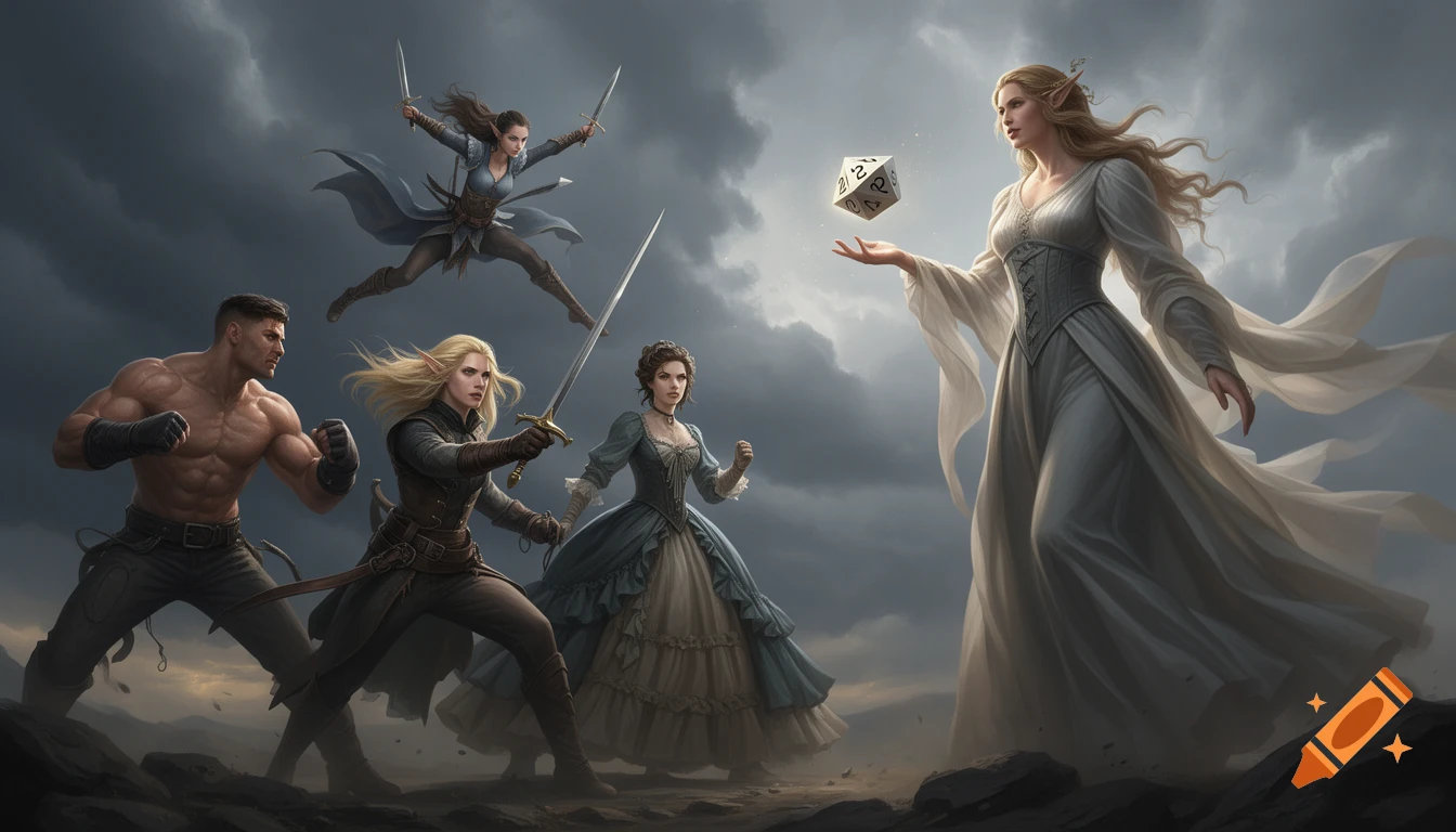 A group of fantasy adventurers face a goddess-like figure casting a 20-sided die under a stormy sky, digital art.