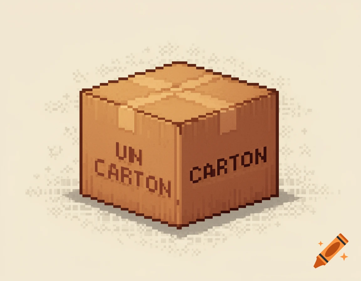 A pixel art illustration of a brown cardboard box with "UN CARTON" and "CARTON" written on its sides, set against a light background.