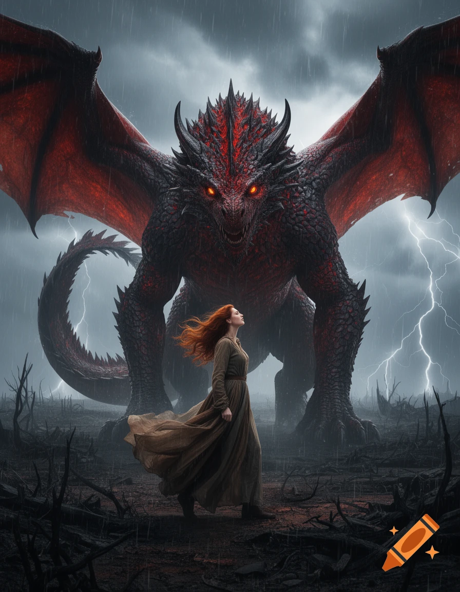 A woman with flowing red hair stands before a massive, red-scaled dragon in a stormy, barren landscape with lightning.