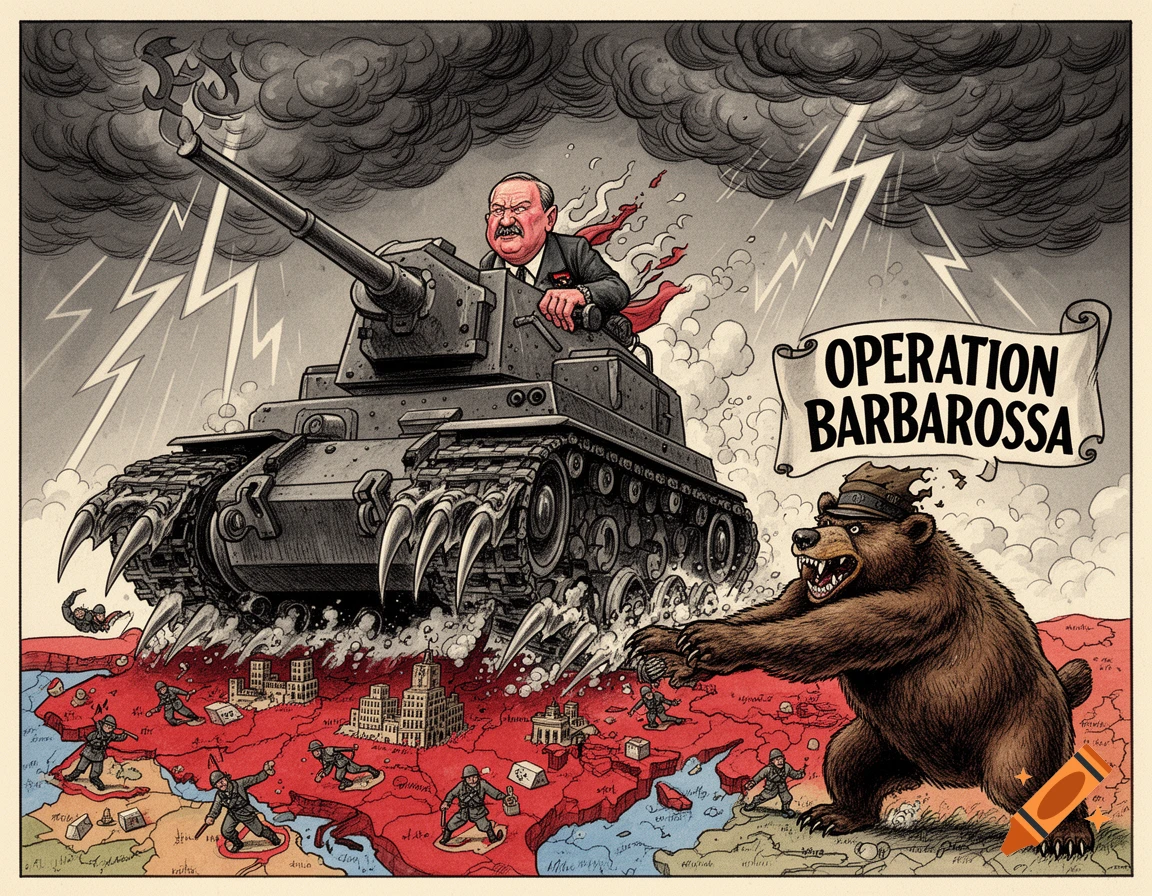 A stylized political cartoon depicts a man in a tank with clawed tracks driving over a red map, while a bear in a military hat stands next to a banner reading "OPERATION BARBAROSSA" under a stormy sky with lightning.