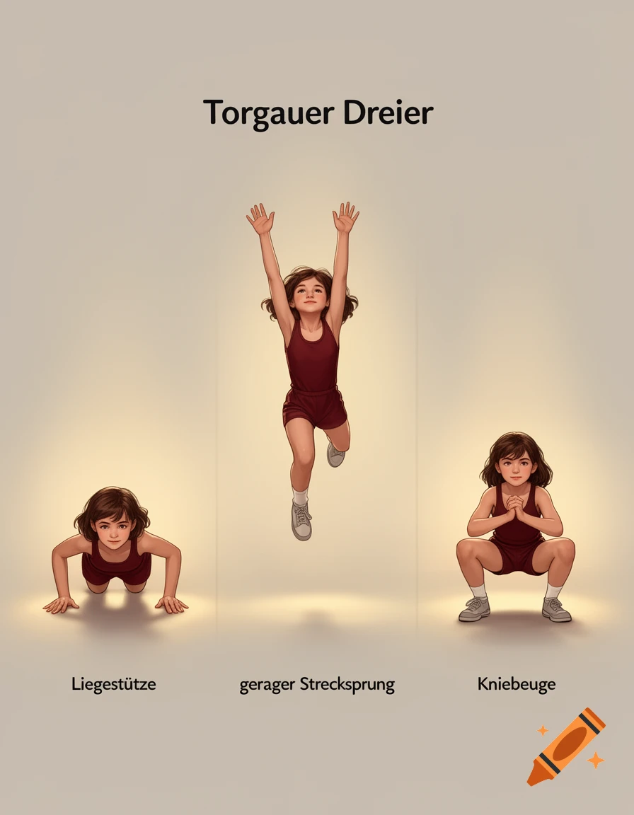 Illustration of a girl demonstrating three exercises: a push-up, a jump, and a squat, with German labels for each.
