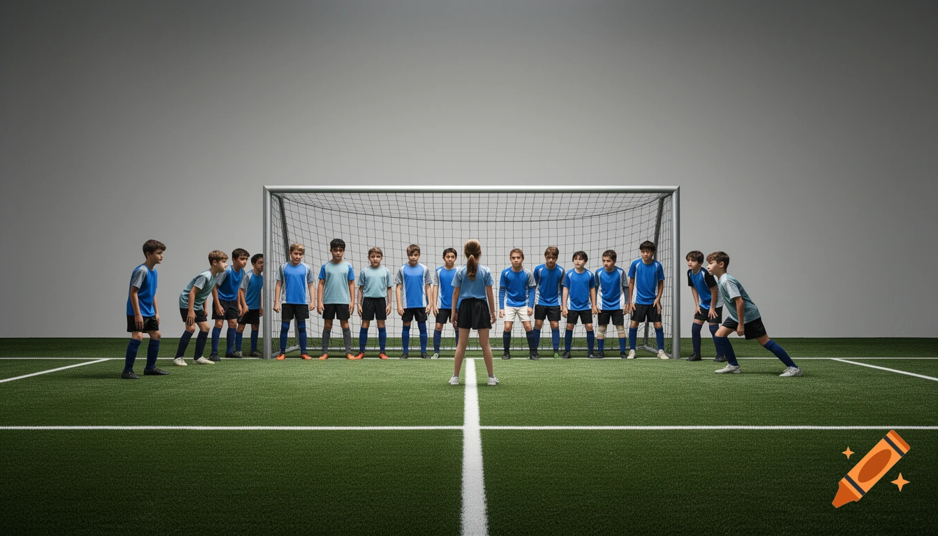 A girl stands on a soccer field facing a line of boys in front of a goal, photorealistic style.