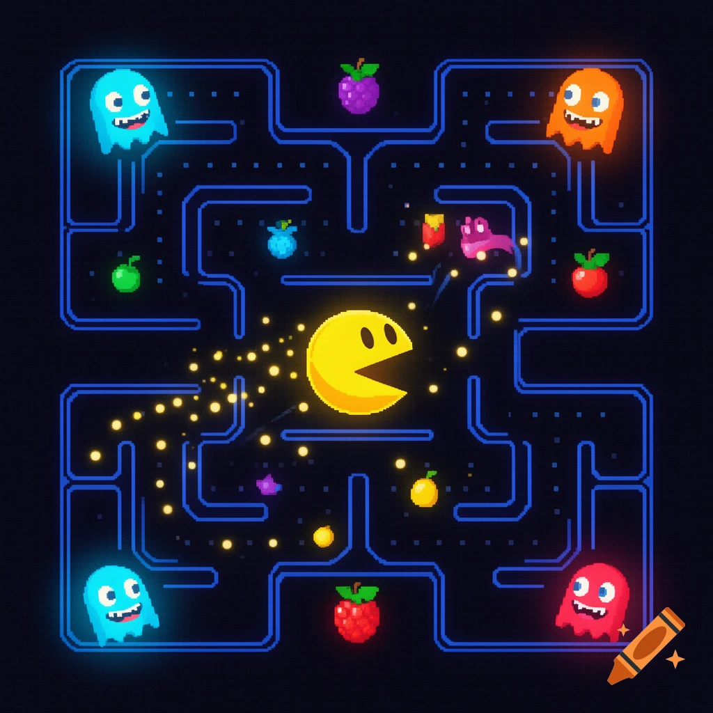 A vibrant pixel art rendition of the classic Pac-Man maze, featuring Pac-Man, four colorful ghosts, and various fruits on a dark background.