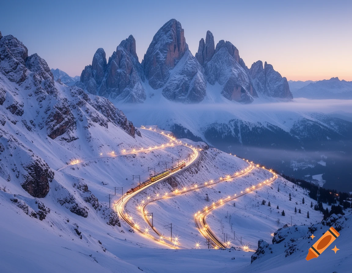 A scenic view of a train winding through a snowy mountain range with glowing lights at dusk.