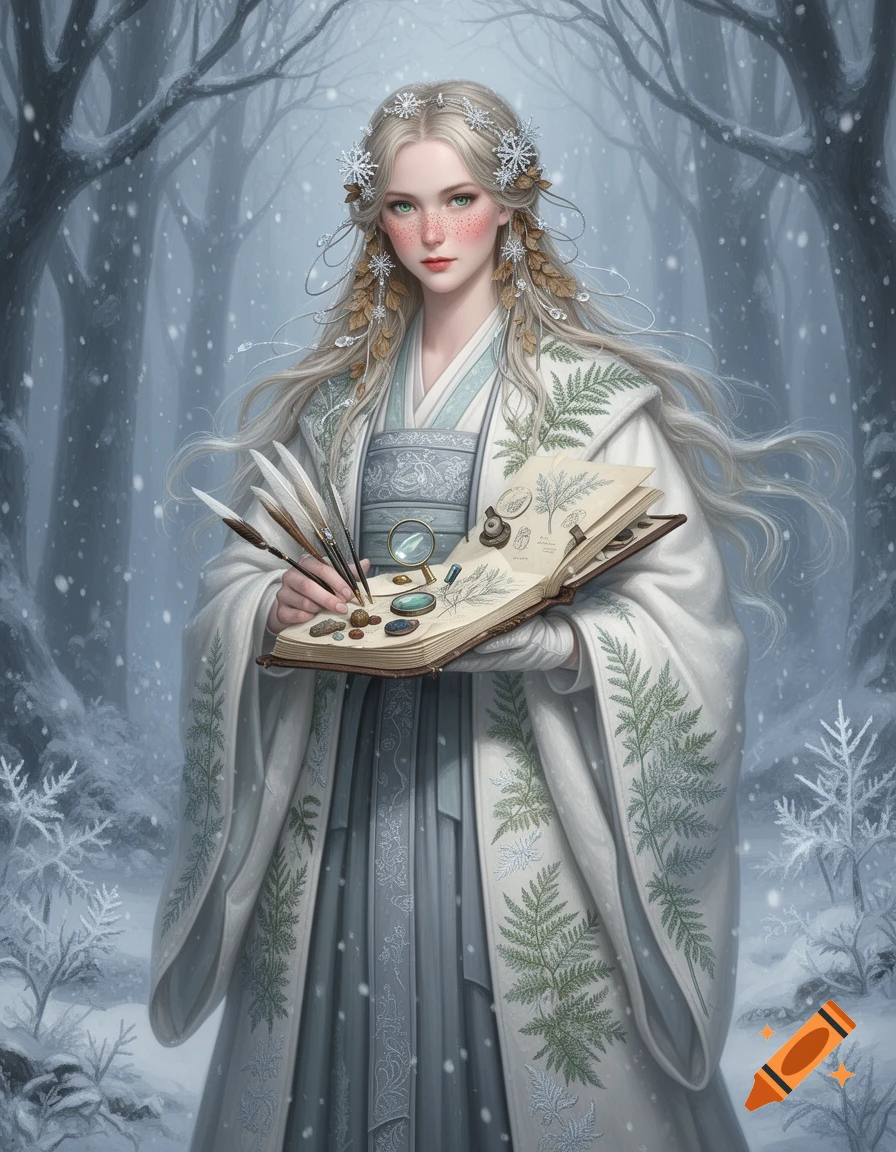A beautiful woman with long silver hair adorned with snowflakes and leaves, dressed in an elegant white and green winter robe, holds a botanical notebook and drawing tools in a snowy forest.