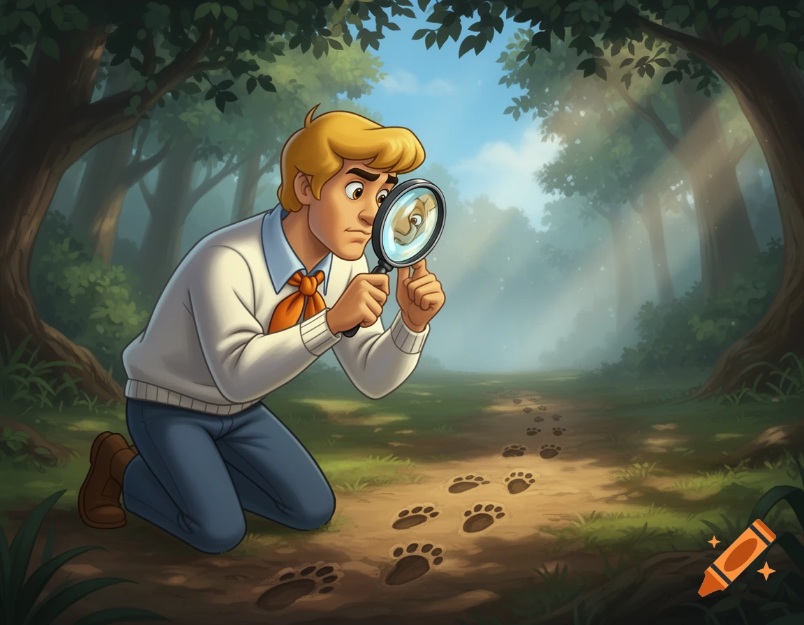 Fred from Scooby-Doo kneels in a forest, looking through a magnifying glass at a trail of paw prints on the ground. Cartoon style.