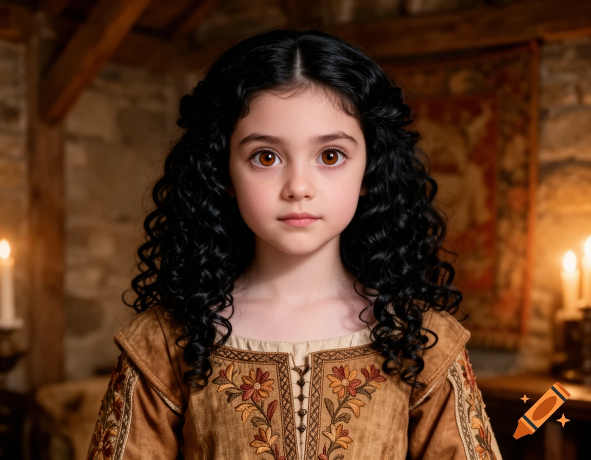 Photorealistic portrait of a young girl with dark curly hair and large brown eyes, wearing an embroidered medieval dress in a candlelit room.