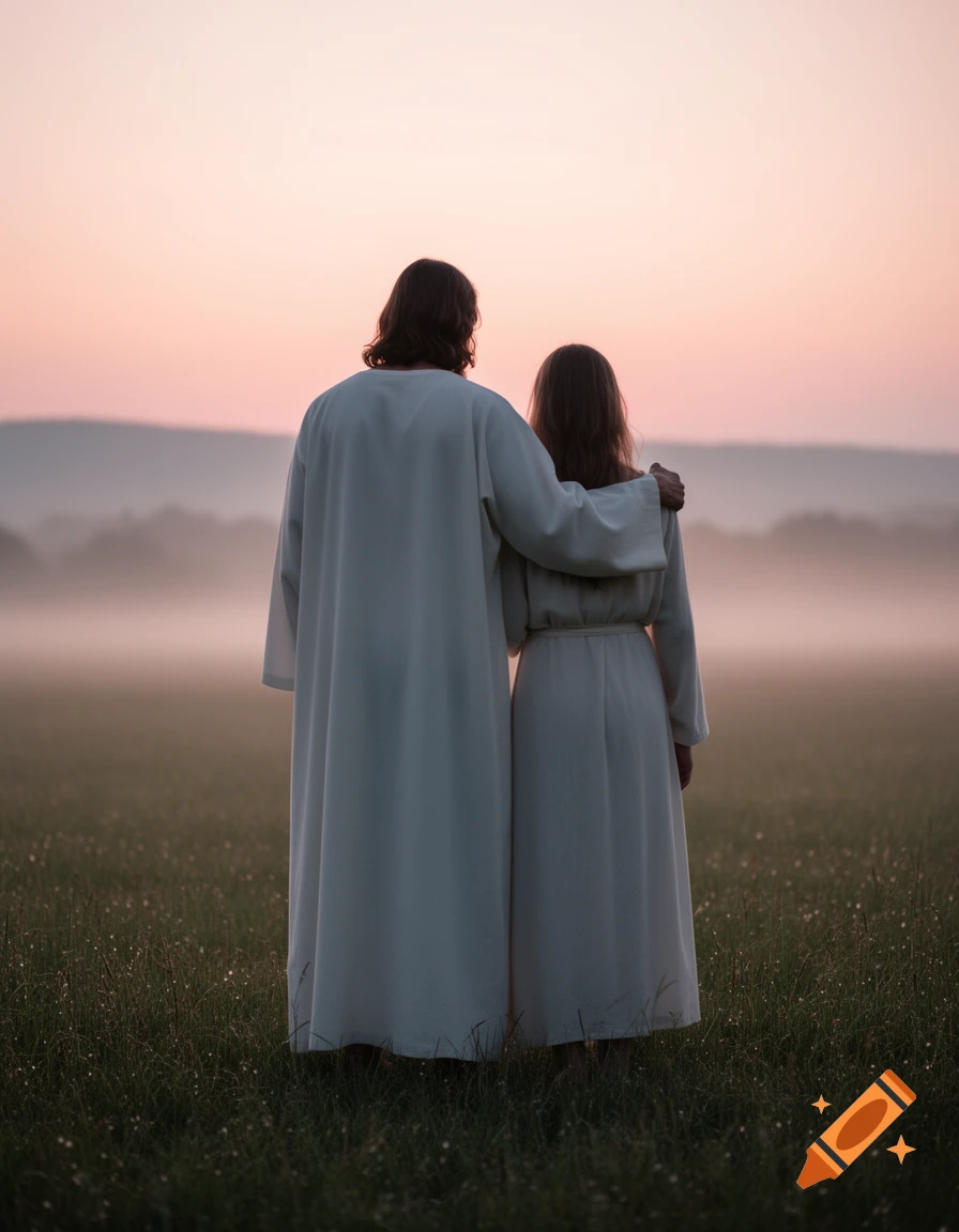 Jesus and a woman stand together in a misty field at sunrise, with Jesus's arm around her shoulder.