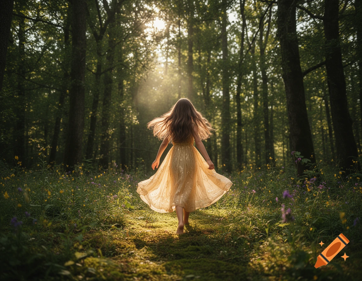 A girl with long hair in a flowing golden dress walks barefoot on a sunlit mossy path in a forest.