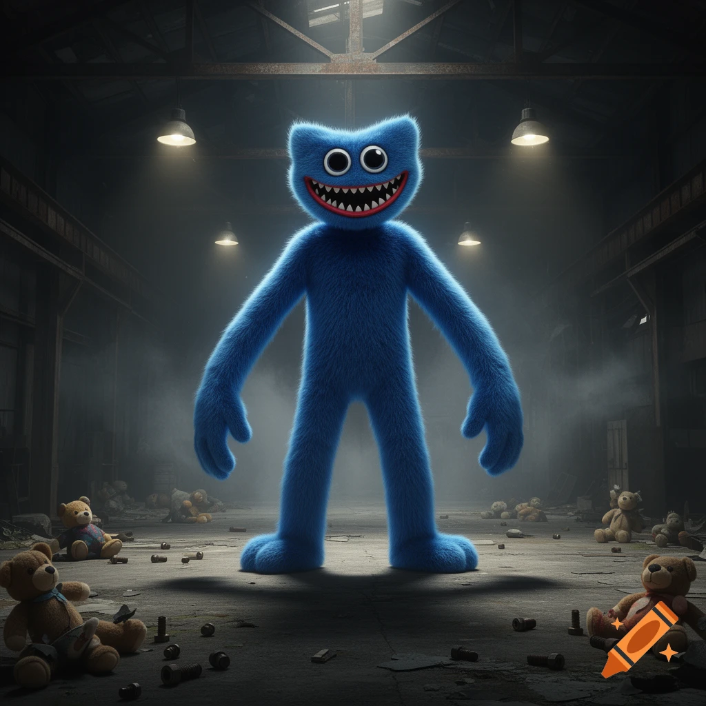 A tall, furry blue monster with big eyes and sharp teeth stands in a dark, dusty warehouse surrounded by teddy bears.