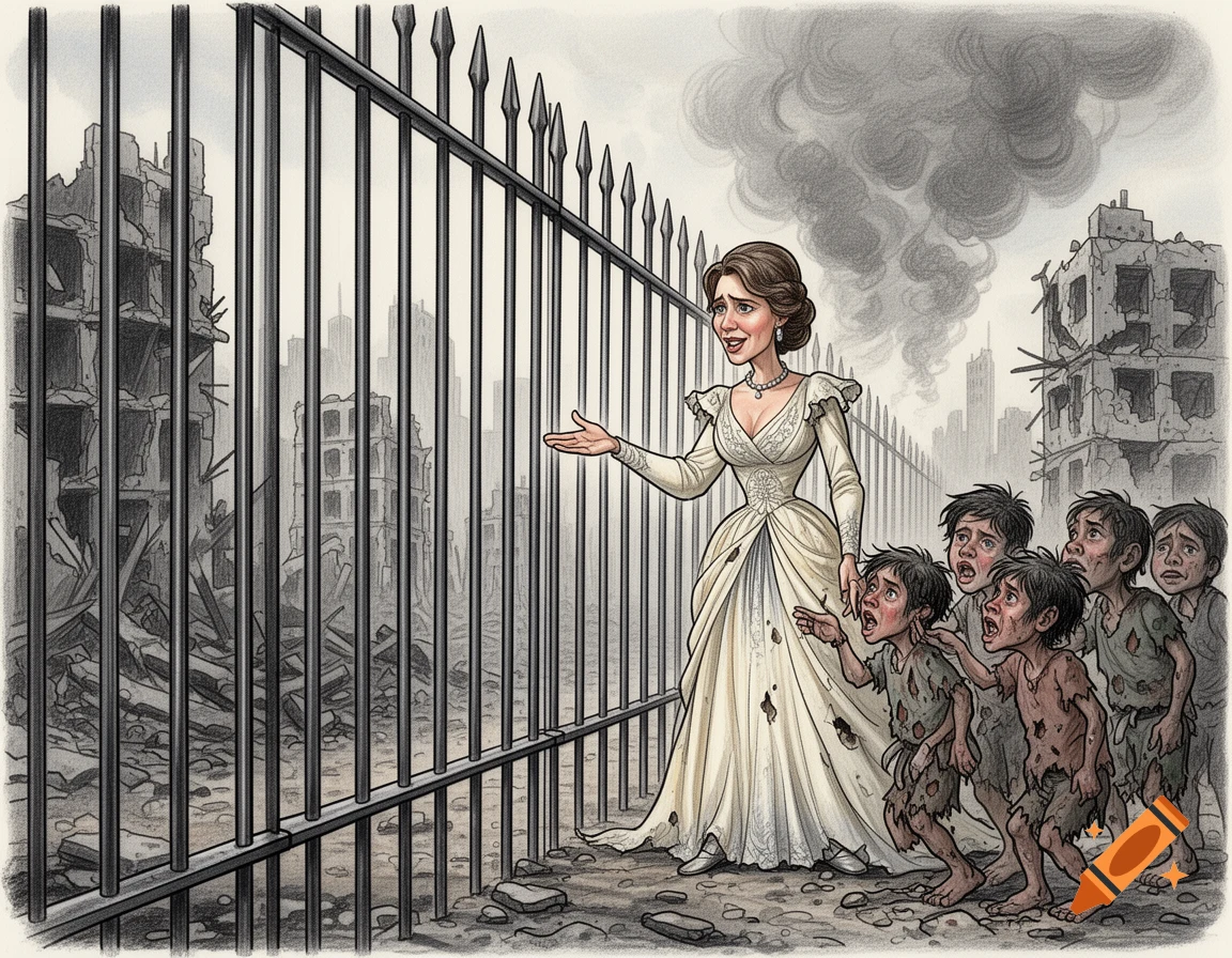 Caricature showing a well-dressed woman separated by a fence from miserable children, set against a war-devastated city.