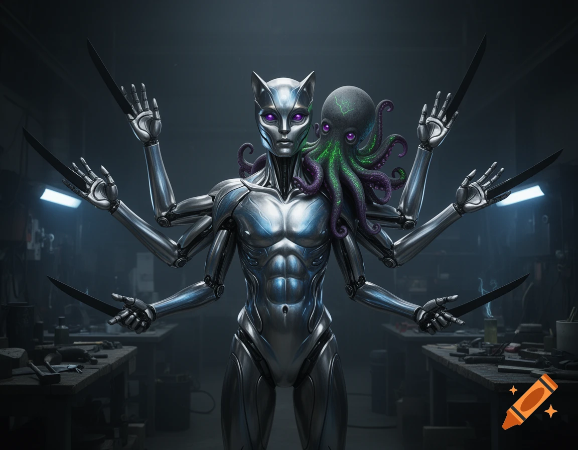 A metallic, six-armed humanoid robot with cat ears and glowing violet eyes stands in an industrial workshop. A green and purple octopus-like creature perches on its shoulder.