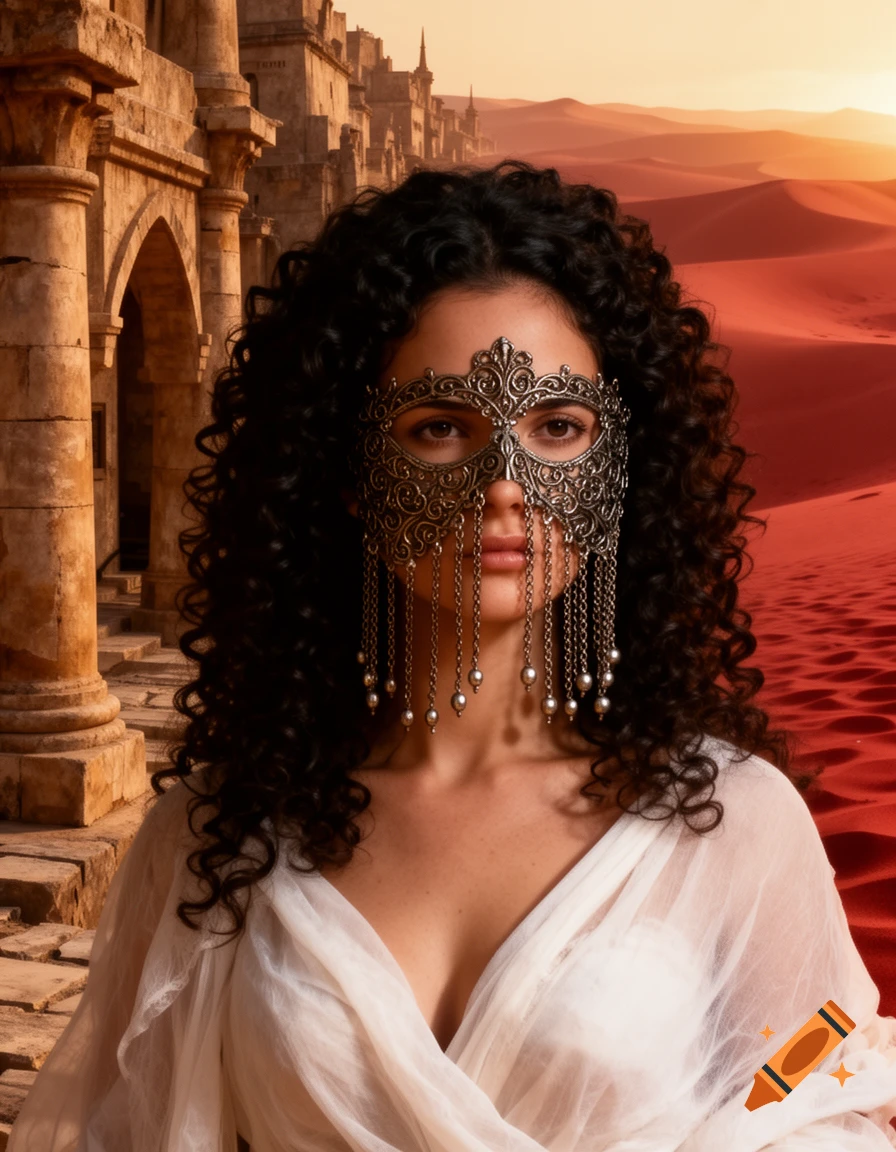 A woman with dark curly hair wears an ornate metallic chain veil mask and white draped fabric in front of ancient desert city ruins and red sand dunes at sunset.