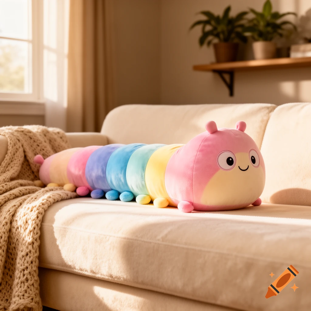 A long, rainbow-colored caterpillar plush toy with a cute face resting on a cream-colored couch in a sunlit living room.