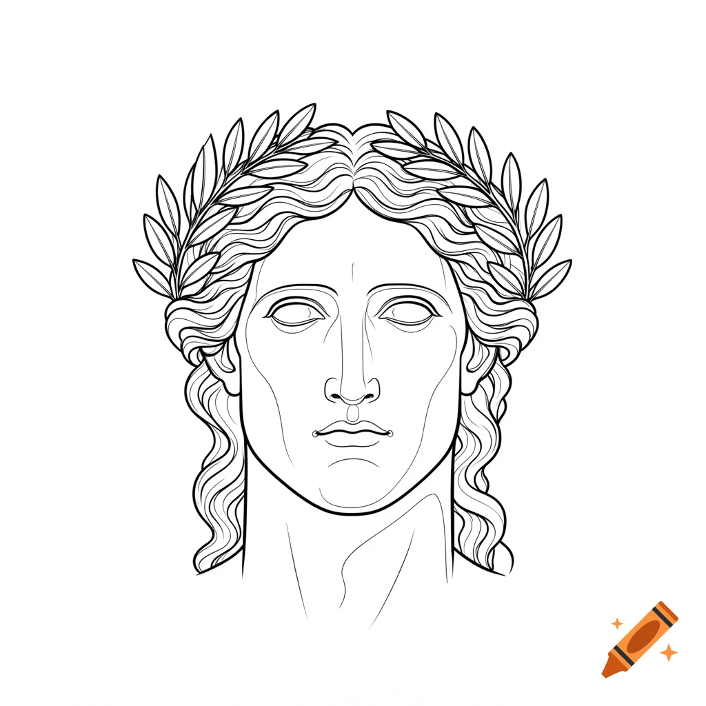 Line art of a classical Greek god's head wearing a laurel wreath, in the style of a tattoo design.