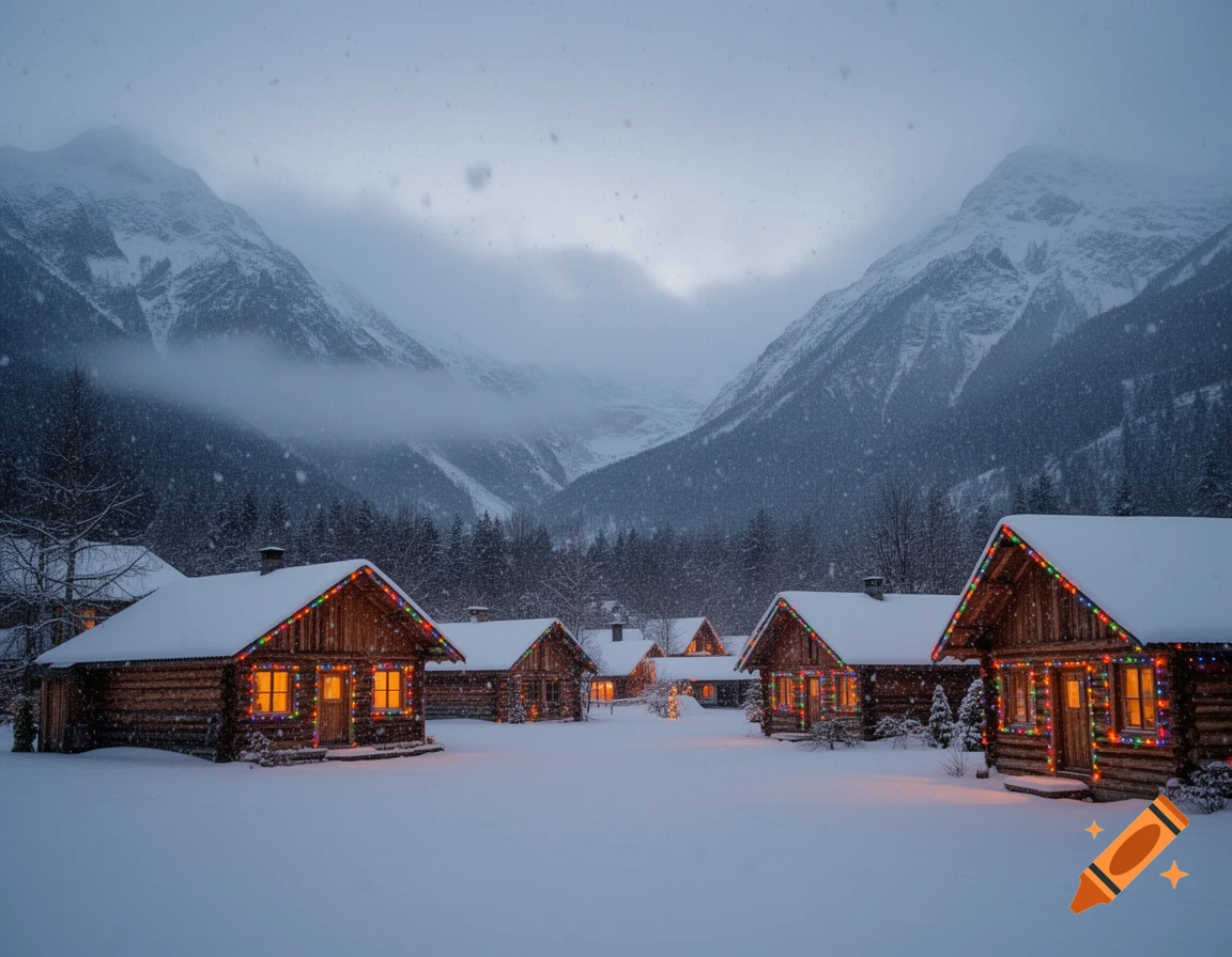 Snowy mountain village with wooden cabins decorated with colorful lights, surrounded by misty mountains during a snowfall at dusk.