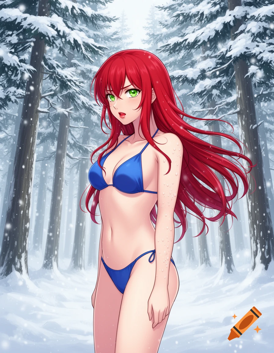 An anime woman with long red hair and green eyes, wearing a blue bikini and shivering in a snowy forest.