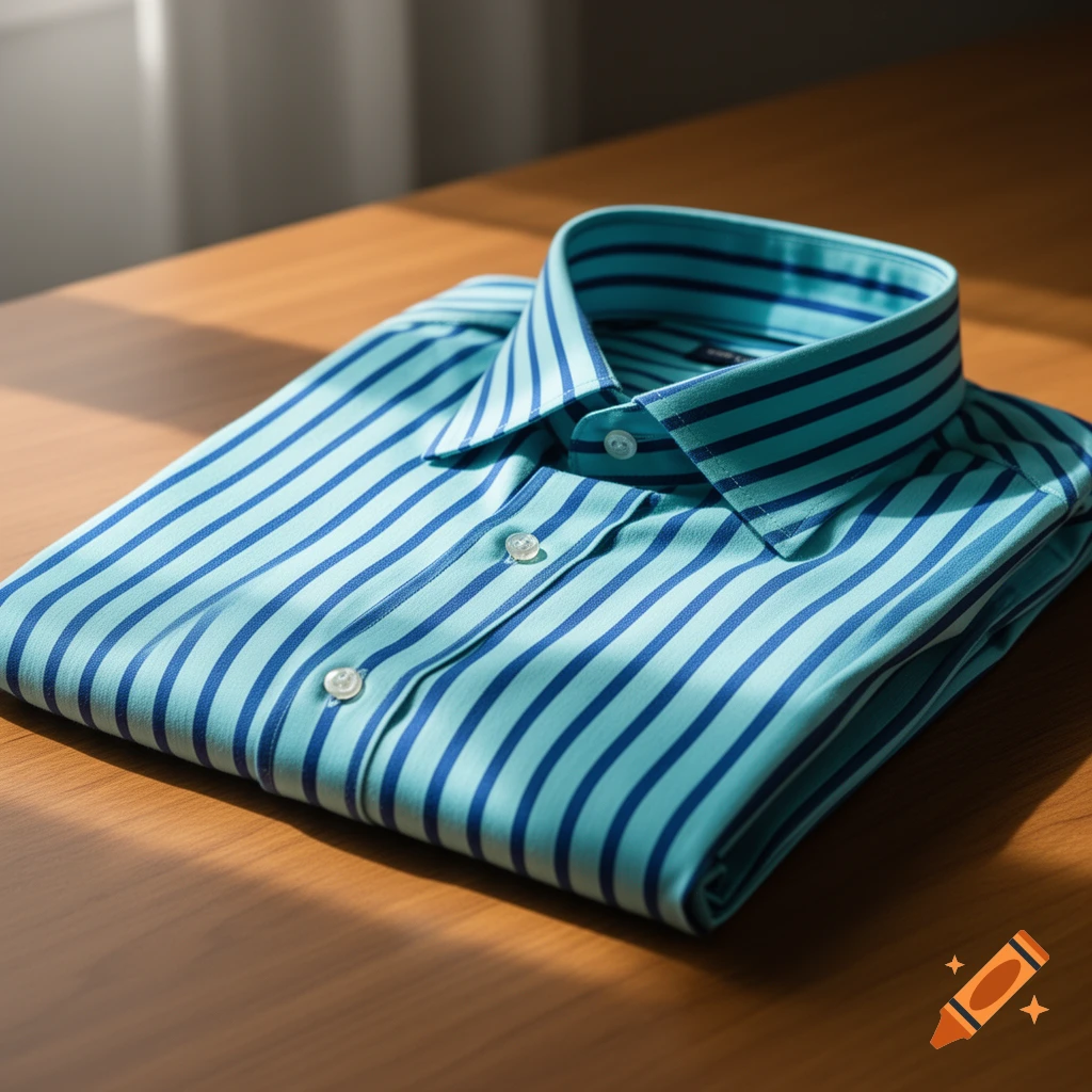 A neatly folded aquamarine and blue striped shirt rests on a wooden table, illuminated by sunlight.