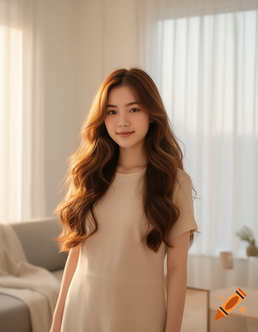 A young Asian woman with long, wavy brown hair, wearing a simple beige dress, smiles softly while standing in a brightly lit room.
