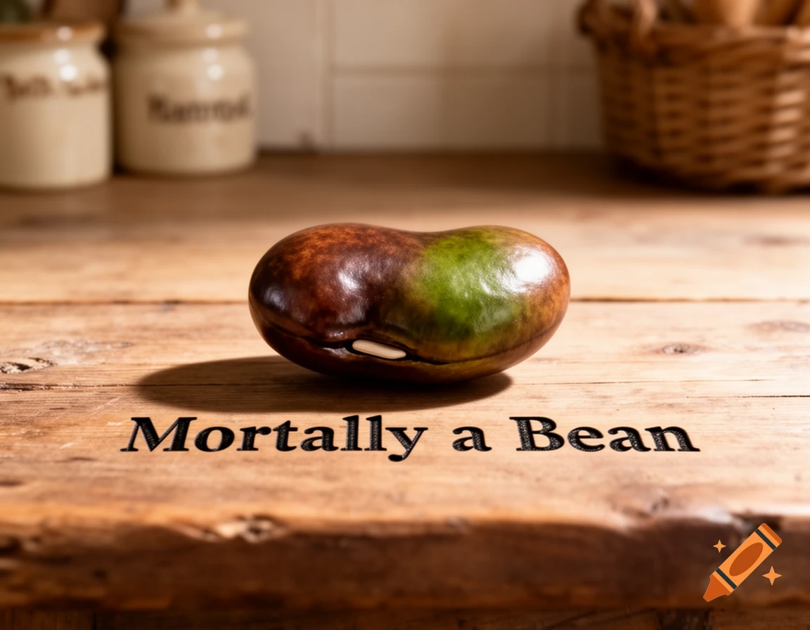 A close-up, photorealistic shot of a brown and green bean on a wooden table with the text 'Mortally a Bean'.
