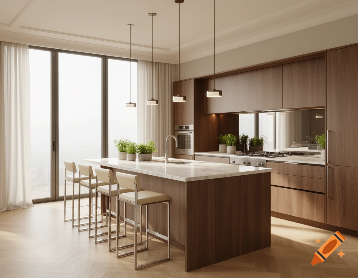 A modern kitchen with a large island, bar stools, wooden cabinets, and a tall window overlooking a city.