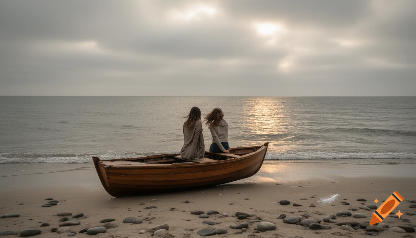Two people sit in a wooden rowboat on a sandy beach, facing the calm, overcast sea with golden light reflecting on the water.