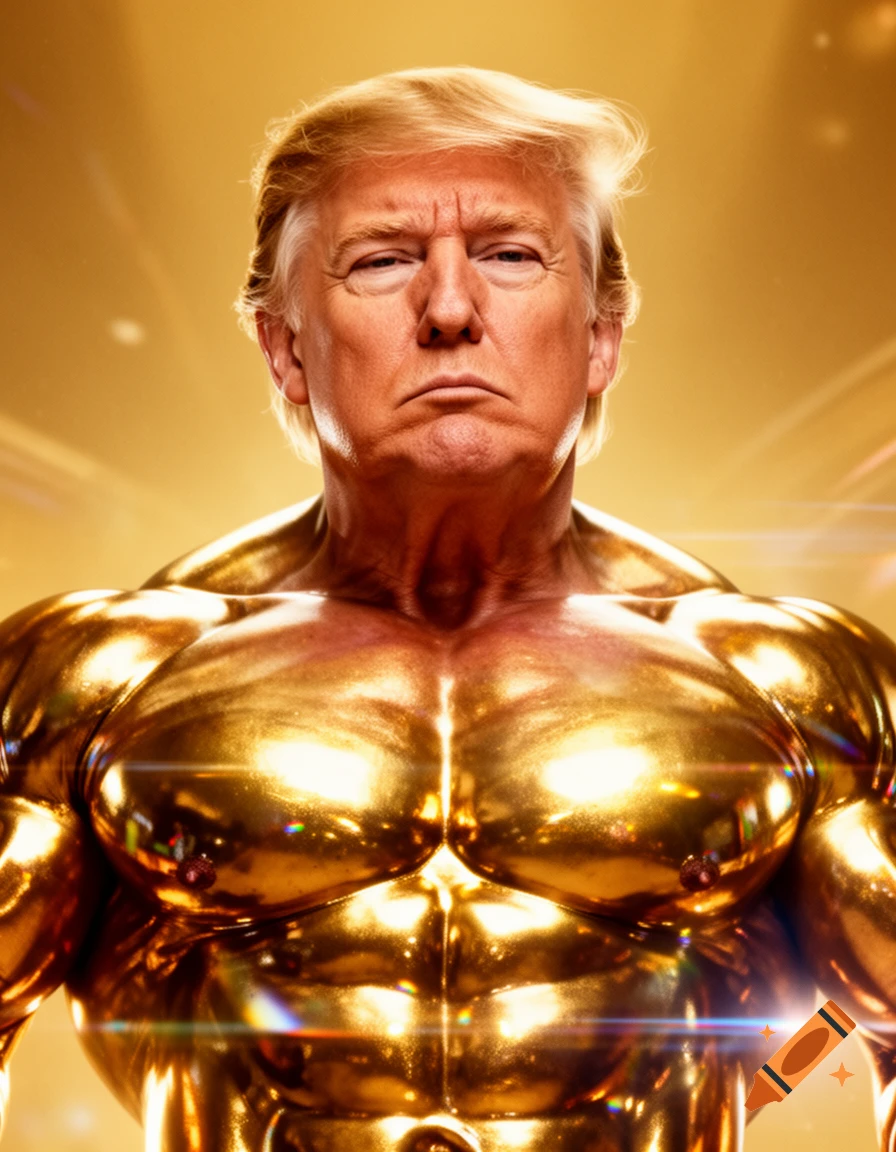 A photorealistic portrait of Donald Trump's head on a heavily muscled, golden, statuesque body against a glowing golden background.
