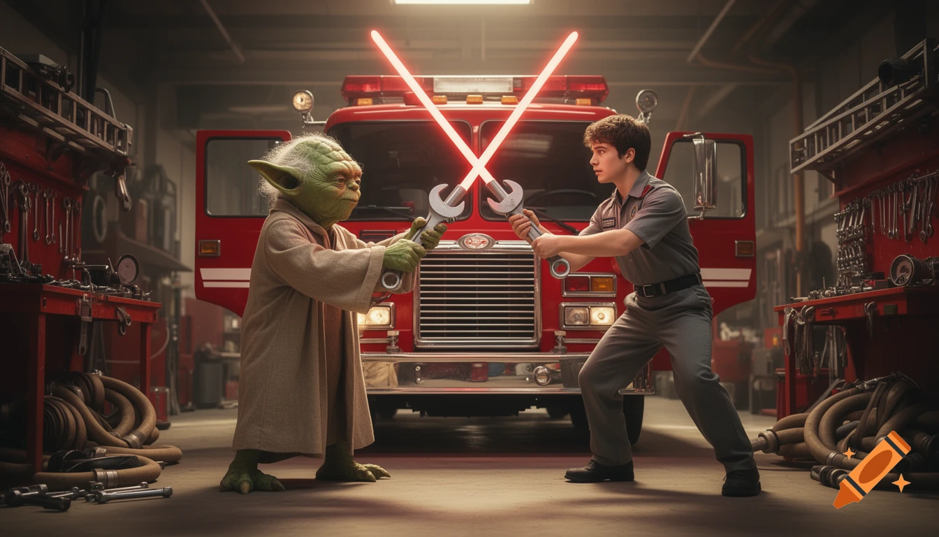 A Yoda-like veteran mechanic and a young mechanic duel with glowing wrenches in front of a red fire truck in a fire station bay.