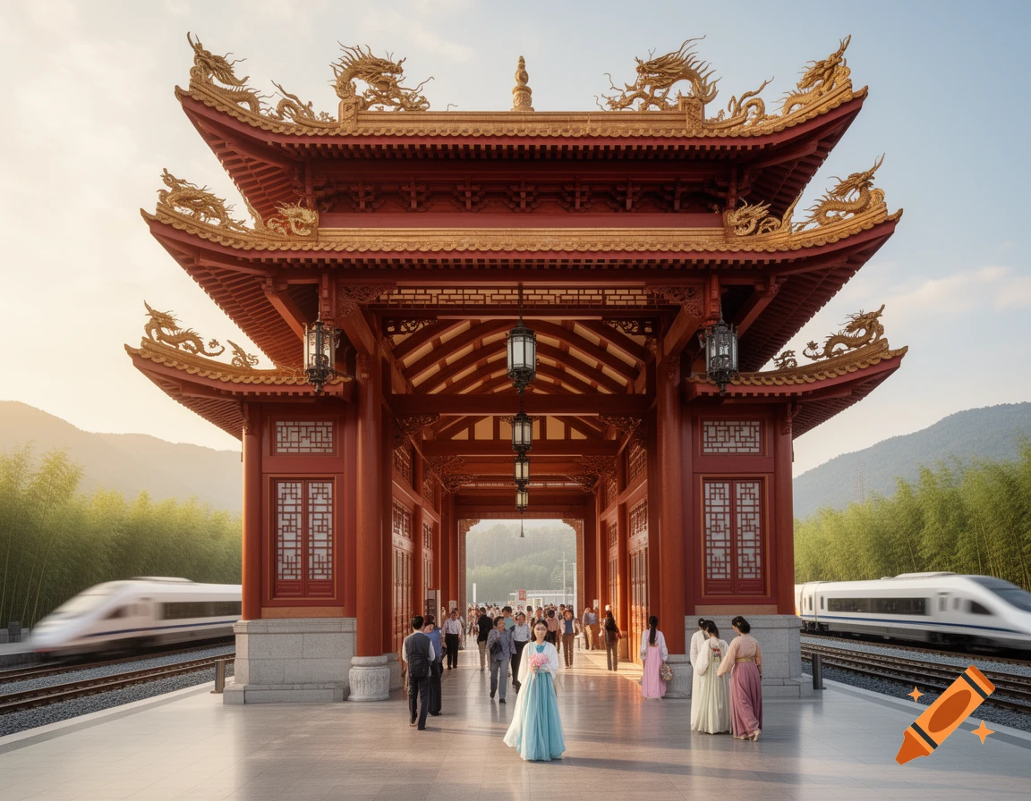A grand traditional Chinese train station with red structures and golden dragons on the roof. People gather on the platform as high-speed trains pass, with mountains and bamboo in the background.