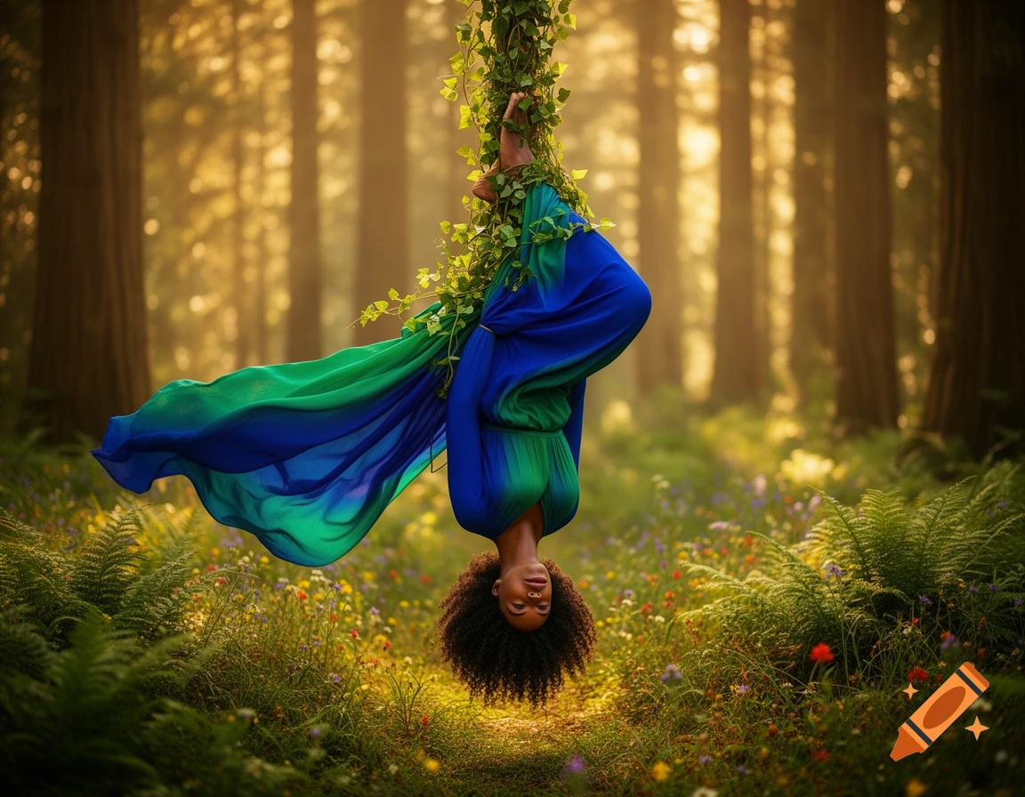 A Black woman in a flowing blue and green dress hangs upside down, suspended by vines in a sunlit forest.