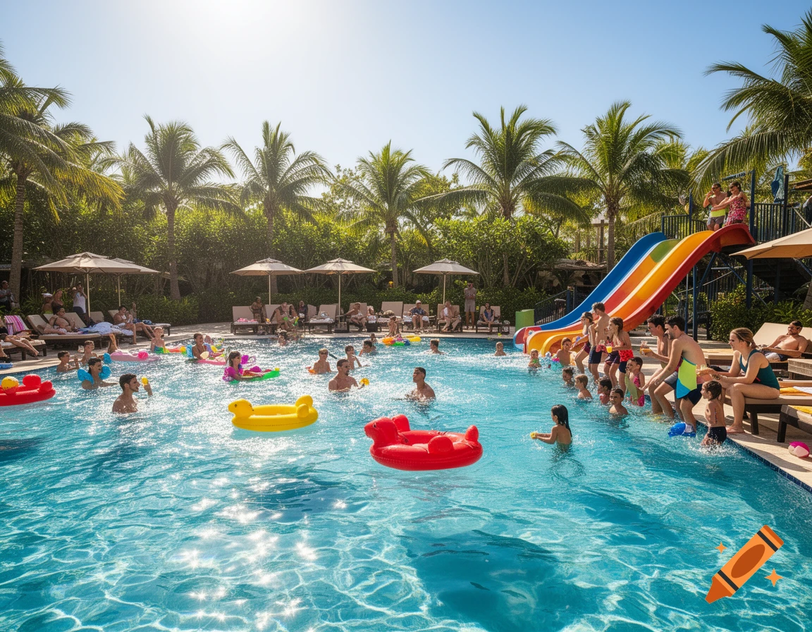 A sunny resort swimming pool filled with people, children, and inflatables, with a colorful water slide and palm trees.
