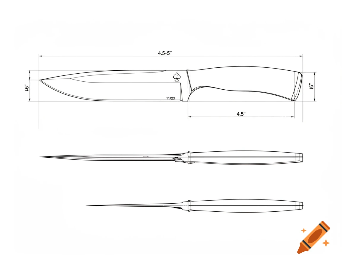 Technical blueprint drawing of a fixed-blade knife with side and top views, showing dimensions and a spade logo.
