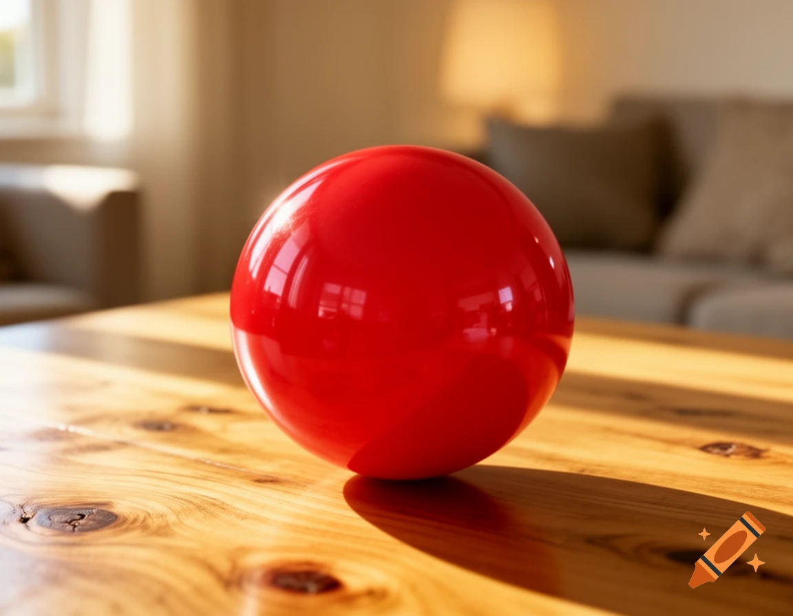A glossy red ball sits on a polished wooden table, illuminated by sunlight from a nearby window in a softly lit room.
