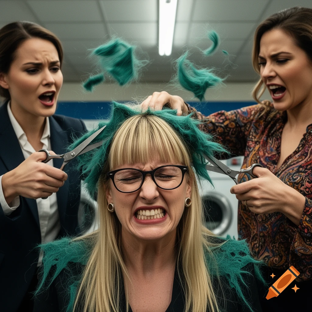 Two angry women aggressively cut the green hair of a distressed woman in a laundromat, creating a dramatic and chaotic scene.