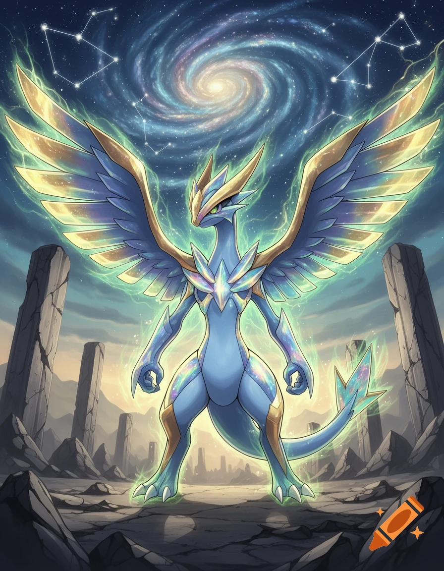A majestic, cosmic-themed Pokémon with glowing blue and gold wings stands in ancient ruins under a swirling galaxy sky.