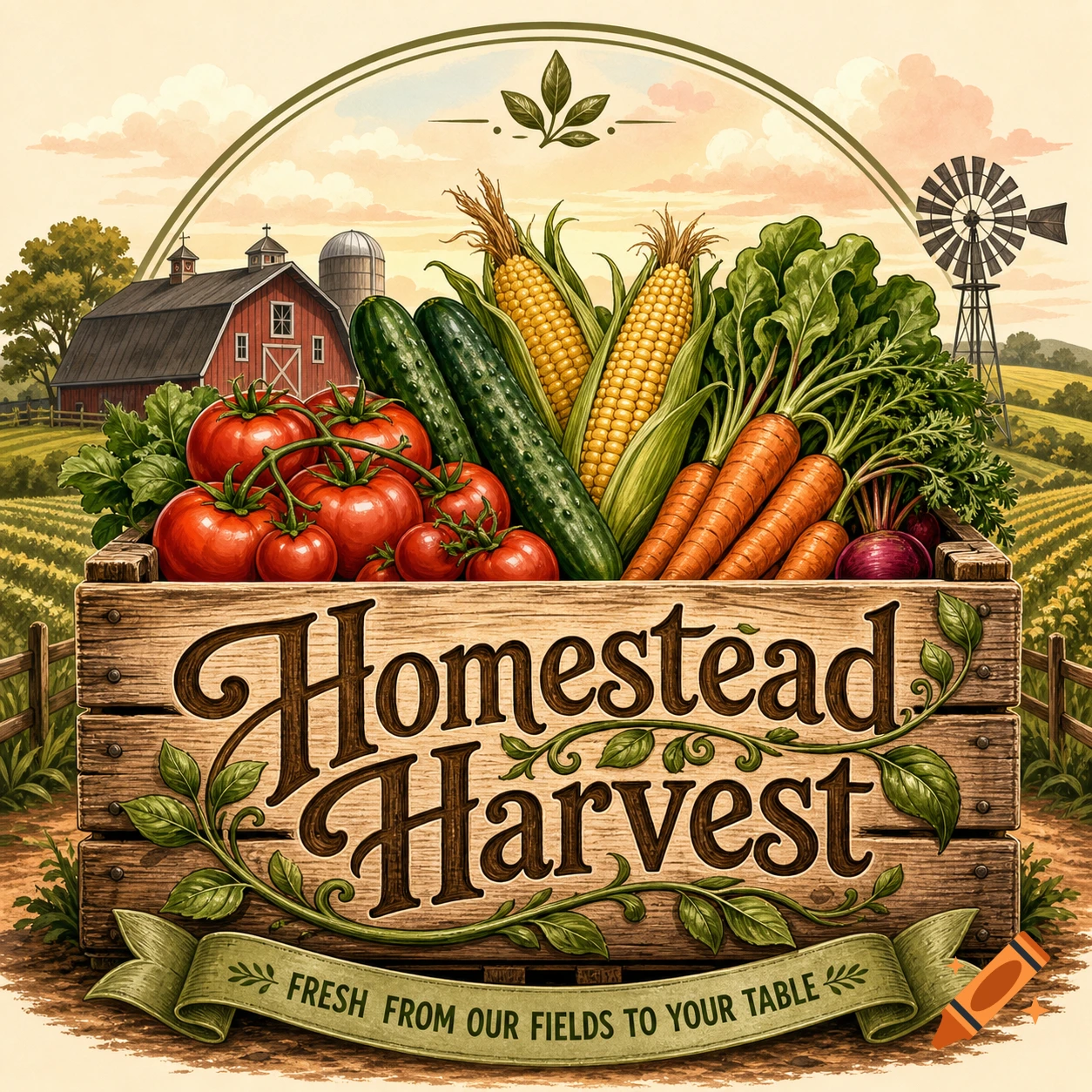 An illustrated farm logo with a wooden crate full of fresh vegetables like tomatoes, corn, cucumbers, carrots, and beets. A barn and windmill are in the background. Text reads "Homestead Harvest" and "Fresh from our fields to your table".
