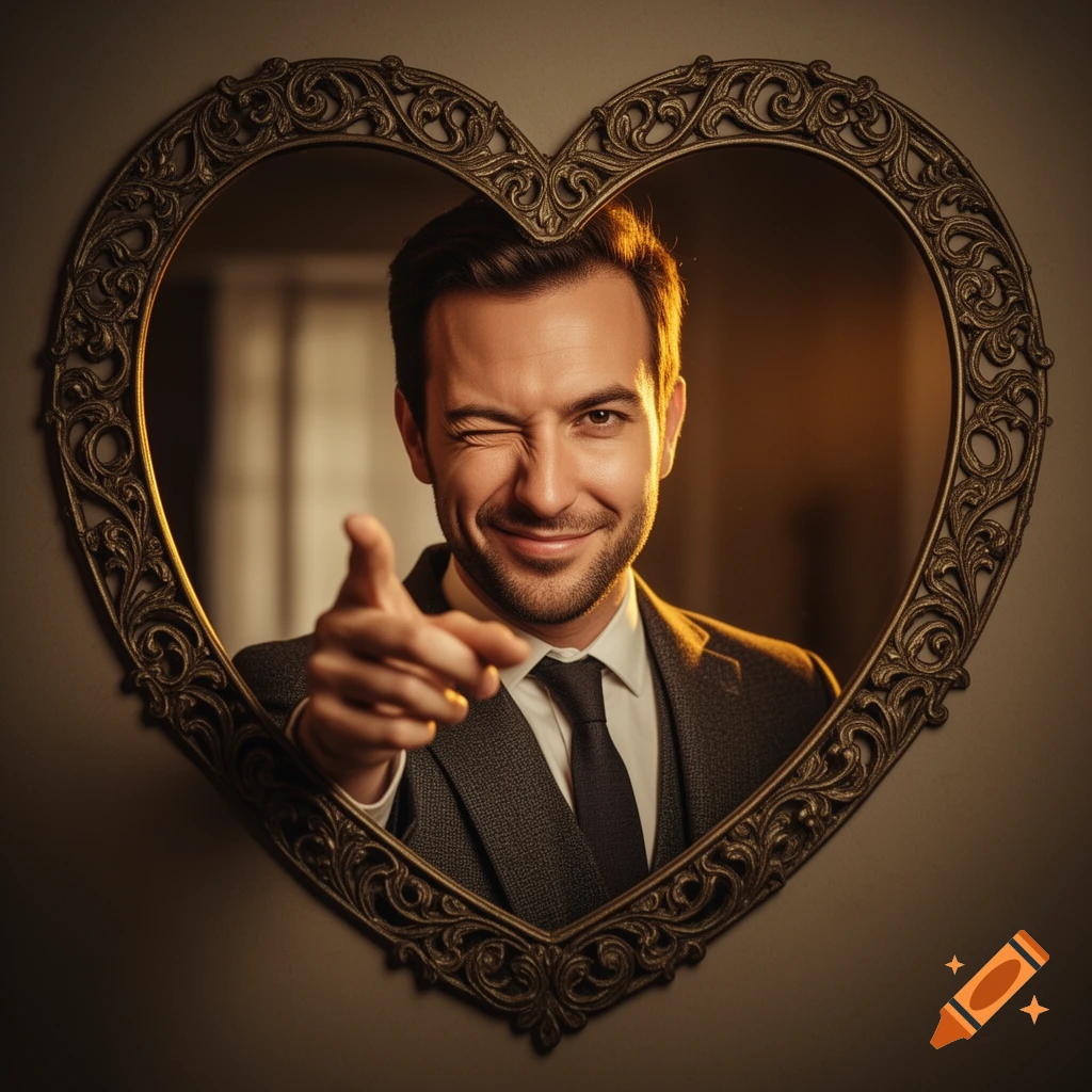 A winking man in a suit points at the viewer, reflected in an ornate, heart-shaped mirror.