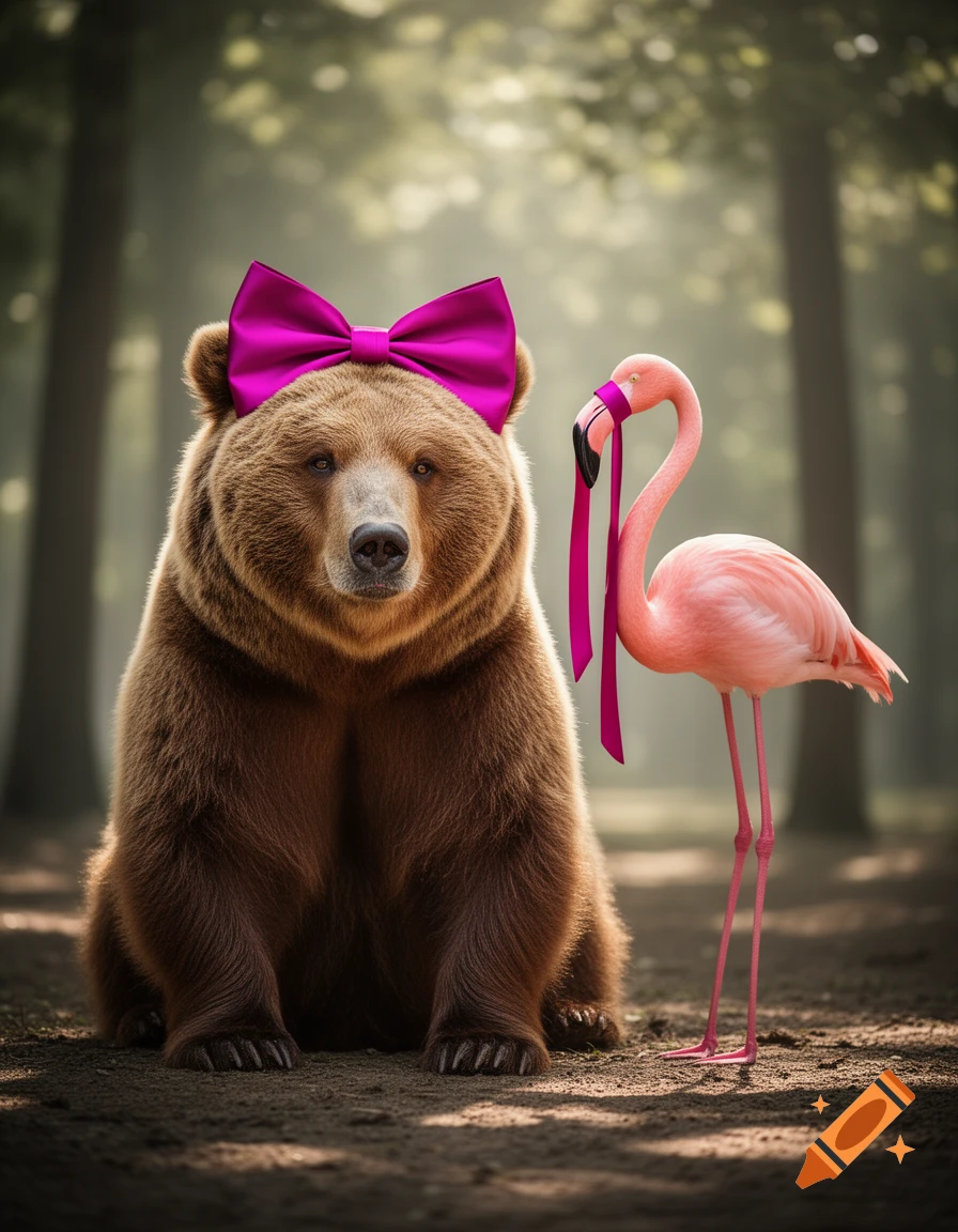 A brown bear wearing a large pink bow sits next to a pink flamingo with a pink ribbon around its neck in a misty forest.